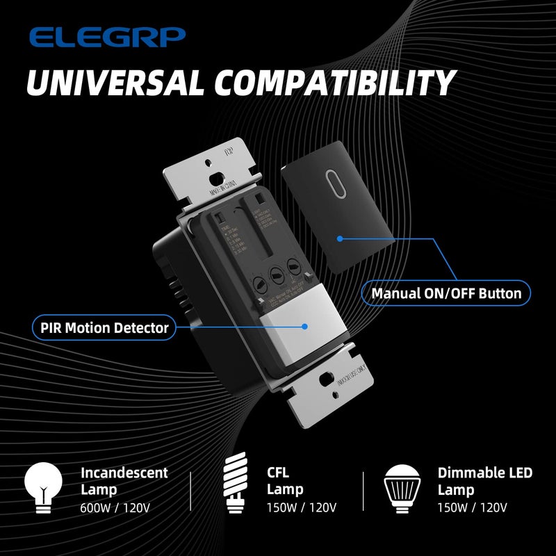 ELEGRP Occupancy Motion Sensor Light Switch, PIR Infrared Motion Activated Wall Switch, No Neutral Wire, Single Pole for CFL/LED/Incandescent Bulb, Wall Plate Included, UL Listed (1 Pack, Matte Black) - Image 2